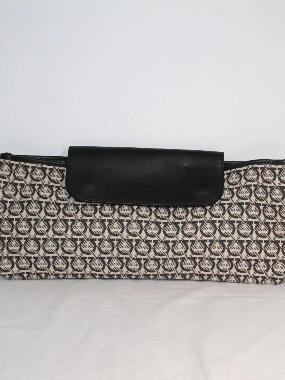 Salvatore Ferragamo Gancini Canvas Leather Flap Clutch Handbag Pouch